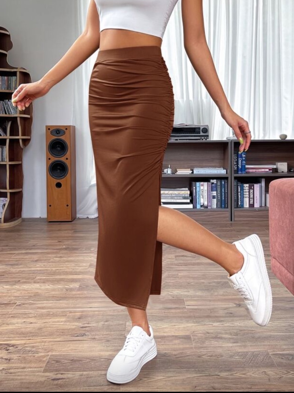 SHEIN Brown Ruched Side Maxi Skirt